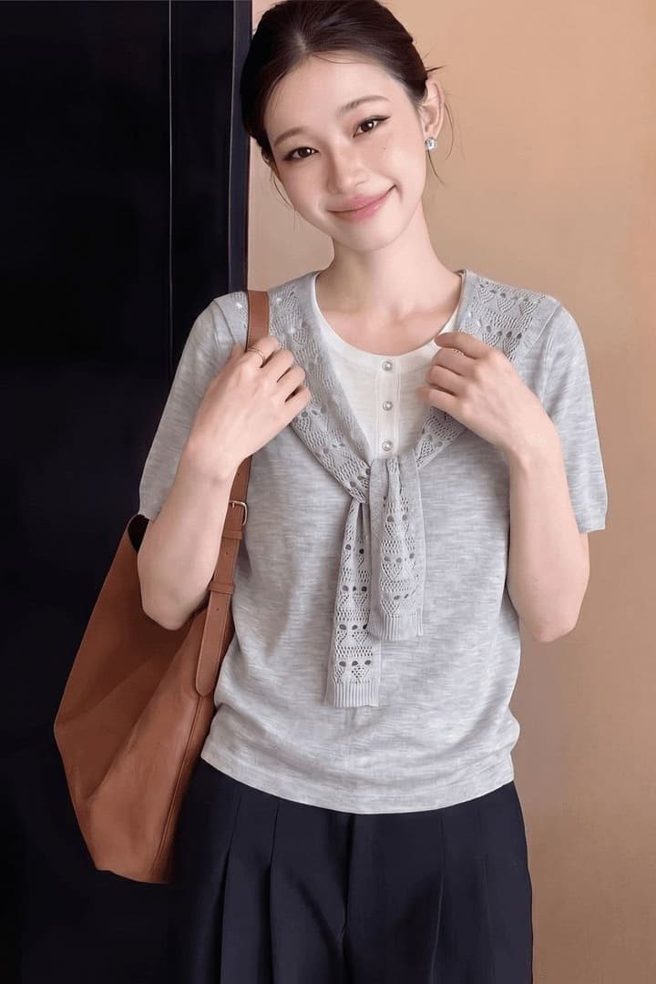 한 부서 페이크 레이어드 숄 반팔 티셔츠 여성 여름 새로운 고급 패션 품격 고유 한 패션 다용도 맨위 이미지 6
