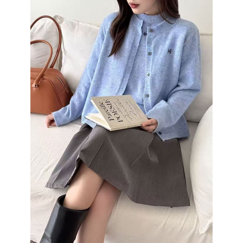 가을 겨울 새로운 연령 감소 스웨터 여자 라운드 넥 반팔 이른 가을 분위기 센스 착용 가져 가라. 외부 가져 가라. 오픈 가디건 털 스웨터 투피스 세트 상세 이미지 9