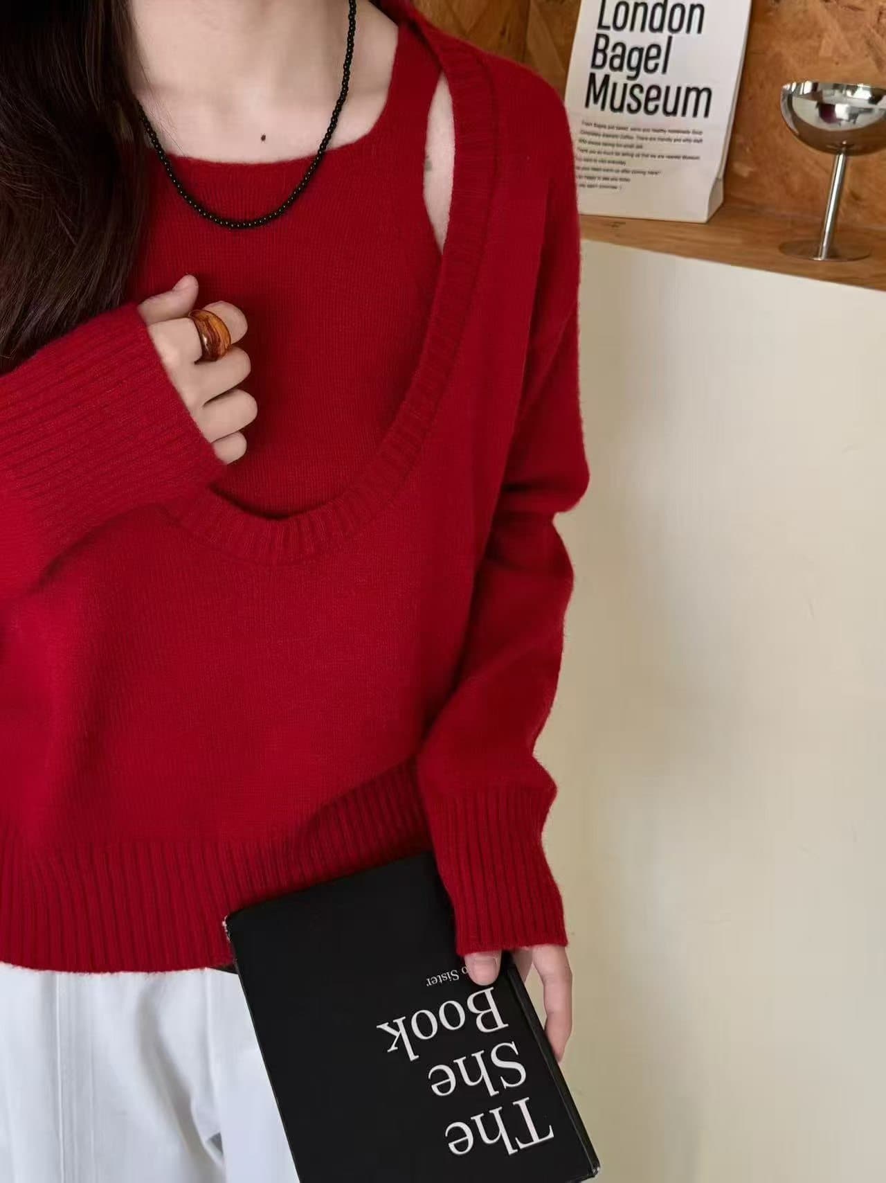 한 부서 새로운 라운드 넥 캐미솔 풀오버 니트 스웨터 봄 가을 패션 루즈핏 슬림해 보이는 긴팔 맨위 투피스 세트 이미지 4