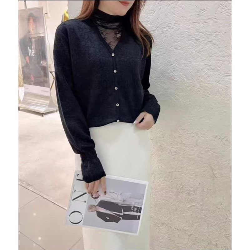 프랑스식 레이스 레이스 새로운 루즈핏 V넥 약화 된 양모 니트 스웨터 슬림해 보이는 재킷 긴팔 만나는 맨위 여성 상세 이미지 10