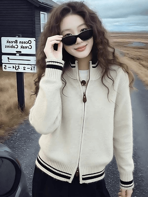 오래된 돈 바람 스탠드 칼라 Chic 디자인 센스 지퍼 니트 오픈 가디건 배색 스트라이프 스웨터 코트 다용도 슬림해 보이는 맨위 이미지 3