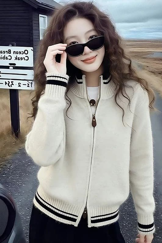 오래된 돈 바람 스탠드 칼라 Chic 디자인 센스 지퍼 니트 오픈 가디건 배색 스트라이프 스웨터 코트 다용도 슬림해 보이는 맨위 이미지 6