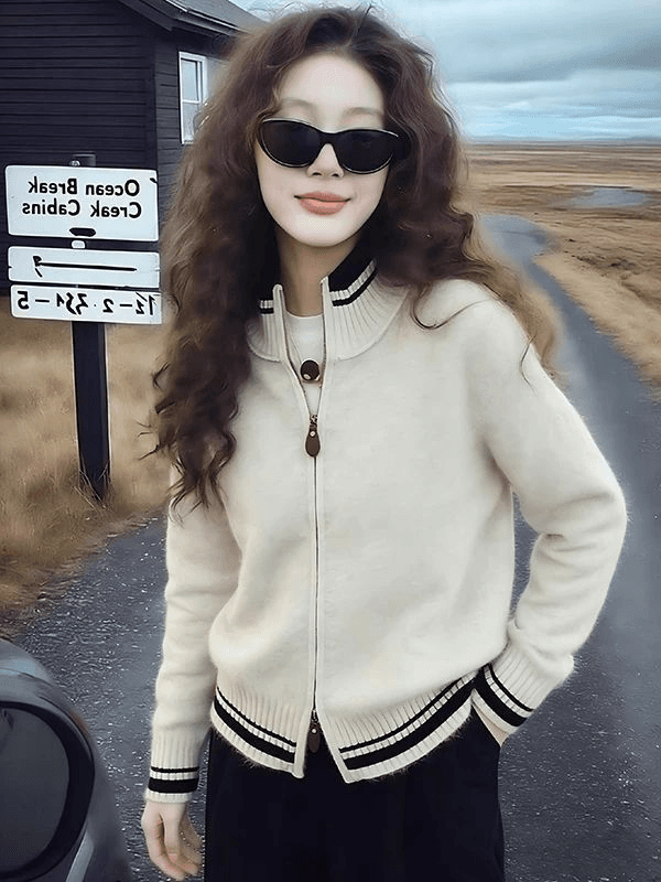 오래된 돈 바람 스탠드 칼라 Chic 디자인 센스 지퍼 니트 오픈 가디건 배색 스트라이프 스웨터 코트 다용도 슬림해 보이는 맨위 상세 이미지 11