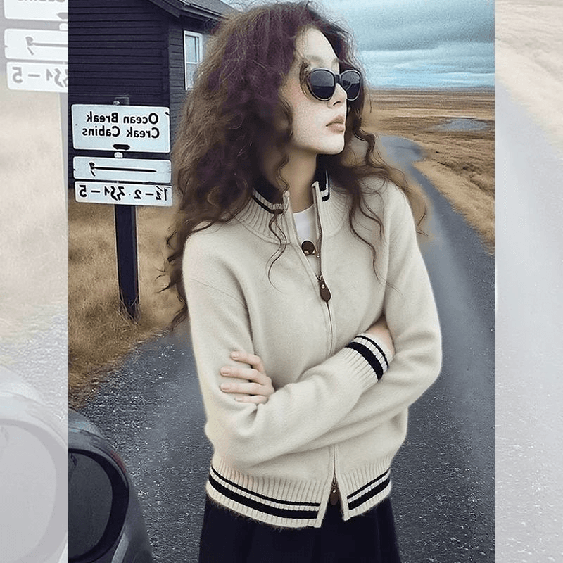 오래된 돈 바람 스탠드 칼라 Chic 디자인 센스 지퍼 니트 오픈 가디건 배색 스트라이프 스웨터 코트 다용도 슬림해 보이는 맨위 상세 이미지 14