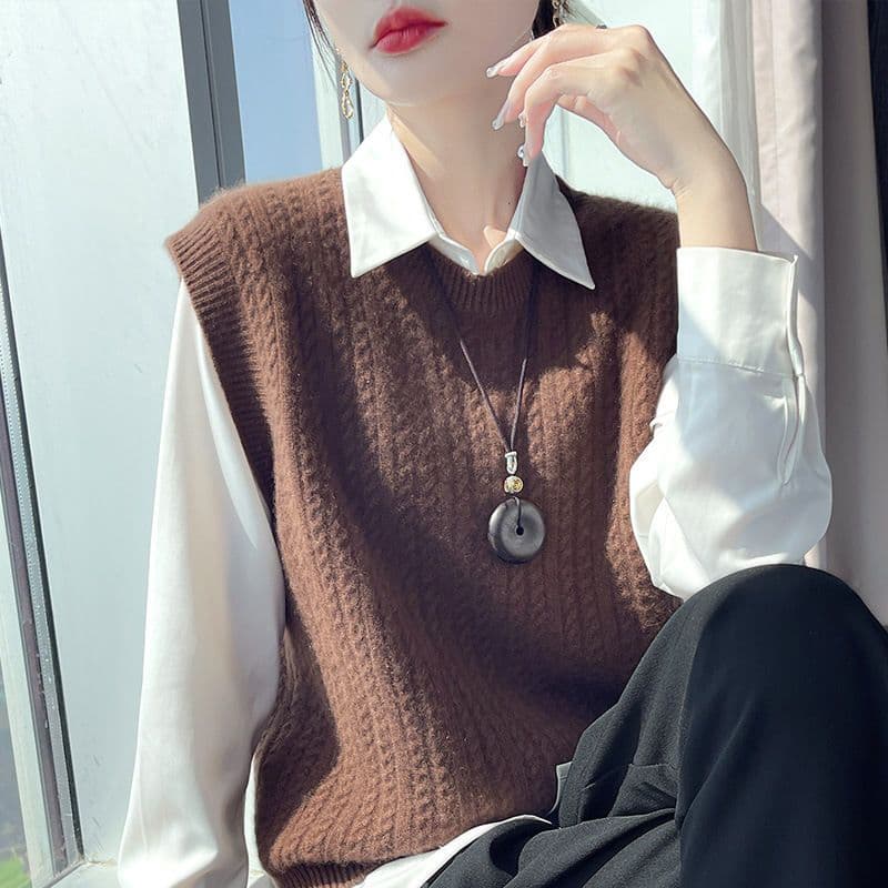 새로운 두꺼운 여성 베스트 가을 겨울 외부 가져 가라. 라운드 넥 꽈배기 풀오버 니트 어깨 조끼 민소매 니트 스웨터 여자 상세 이미지 1