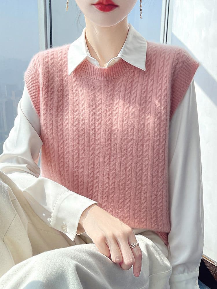 새로운 두꺼운 여성 베스트 가을 겨울 외부 가져 가라. 라운드 넥 꽈배기 풀오버 니트 어깨 조끼 민소매 니트 스웨터 여자 상세 이미지 20