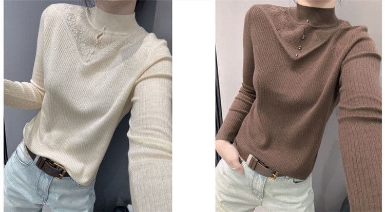 반하이넥 레이스 조각 진주 버클 니트 스웨터 여성 가을 겨울 부드러운 바람 몸매 가꾸기 인사이드 가져 가라. 예쁜 스웨터 맨위 상세 이미지 5