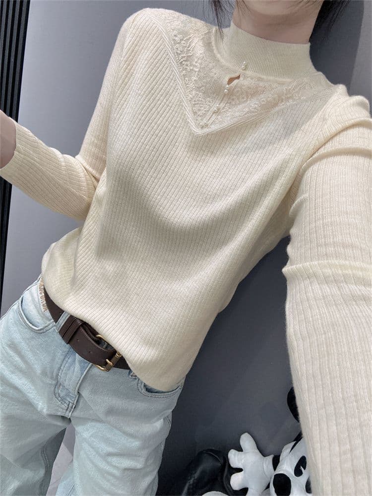 반하이넥 레이스 조각 진주 버클 니트 스웨터 여성 가을 겨울 부드러운 바람 몸매 가꾸기 인사이드 가져 가라. 예쁜 스웨터 맨위 상세 이미지 10