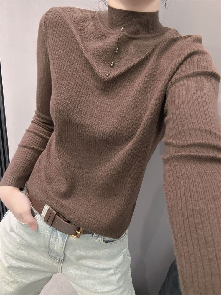 반하이넥 레이스 조각 진주 버클 니트 스웨터 여성 가을 겨울 부드러운 바람 몸매 가꾸기 인사이드 가져 가라. 예쁜 스웨터 맨위 상세 이미지 11