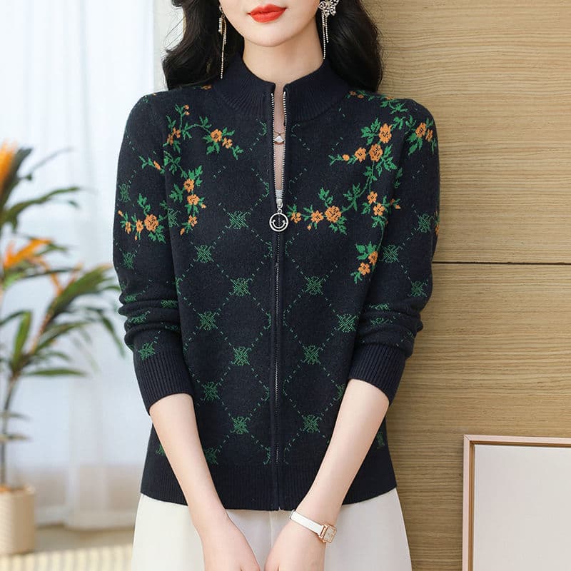 봄 가을 새로운 스웨터 여자 오픈 가디건 여성 두꺼운 니트 양모 재킷 스탠드 칼라 패션 자카드 루즈핏 양모 맨위