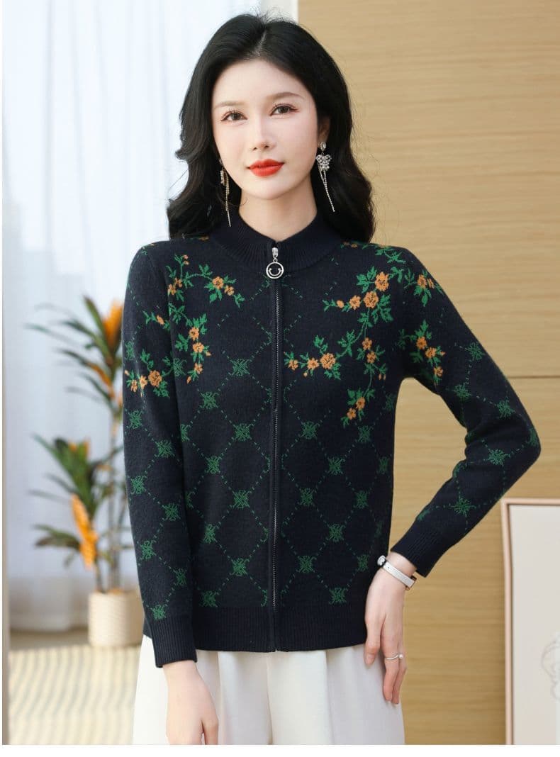 봄 가을 새로운 스웨터 여자 오픈 가디건 여성 두꺼운 니트 양모 재킷 스탠드 칼라 패션 자카드 루즈핏 양모 맨위 상세 이미지 1
