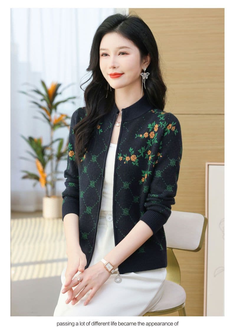 봄 가을 새로운 스웨터 여자 오픈 가디건 여성 두꺼운 니트 양모 재킷 스탠드 칼라 패션 자카드 루즈핏 양모 맨위 상세 이미지 3