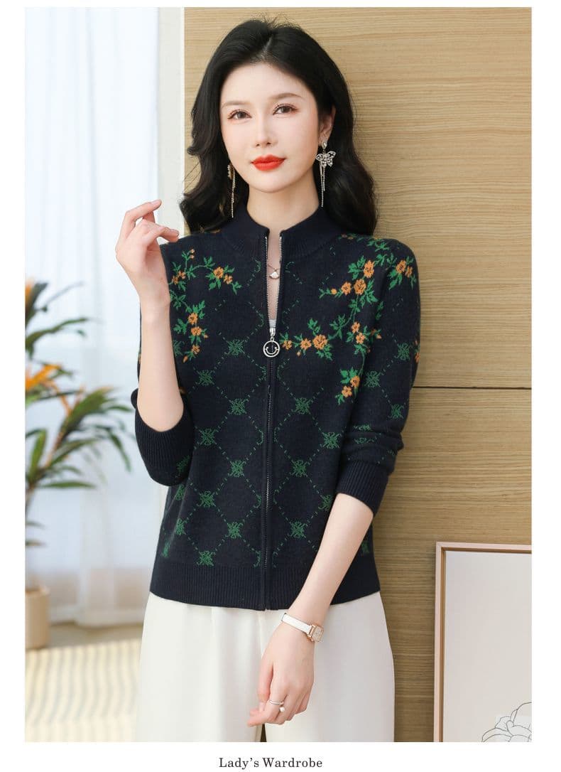 봄 가을 새로운 스웨터 여자 오픈 가디건 여성 두꺼운 니트 양모 재킷 스탠드 칼라 패션 자카드 루즈핏 양모 맨위 상세 이미지 4