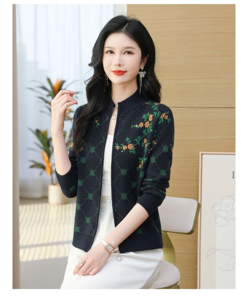 봄 가을 새로운 스웨터 여자 오픈 가디건 여성 두꺼운 니트 양모 재킷 스탠드 칼라 패션 자카드 루즈핏 양모 맨위 상세 이미지 5