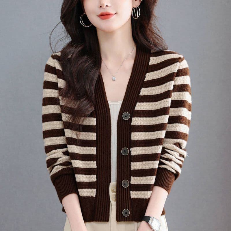새로운 레트로 스트라이프 스웨터 니트 오픈 가디건 봄 가을 다용도 패션 연령 감소 루즈핏 외국 가스 맨위 카디건 여성 이미지 6
