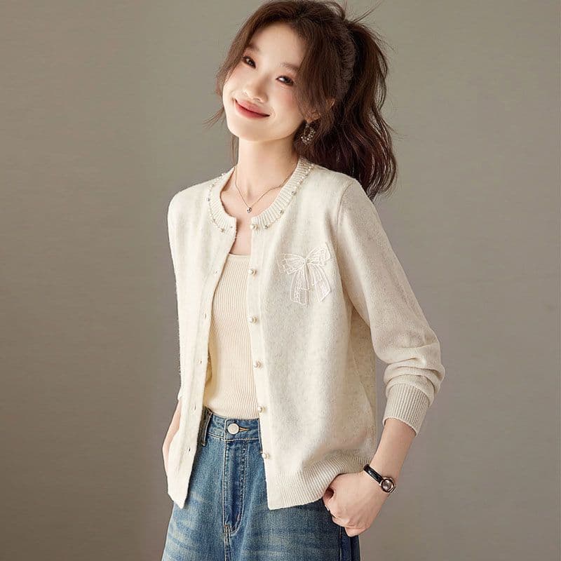 연령 감소 나비 매듭 니트 오픈 가디건 여성 봄 가을 패션 새로운 작은 샤넬 스타일 라운드 넥 긴팔 루즈핏 스웨터 코트 이미지 3