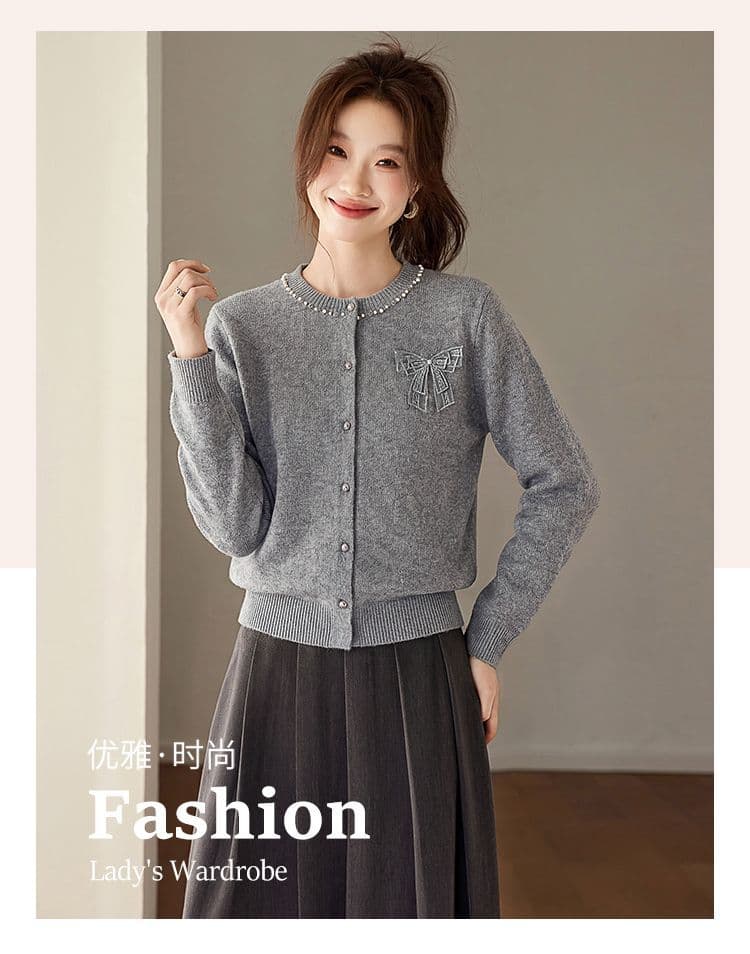 연령 감소 나비 매듭 니트 오픈 가디건 여성 봄 가을 패션 새로운 작은 샤넬 스타일 라운드 넥 긴팔 루즈핏 스웨터 코트 상세 이미지 1