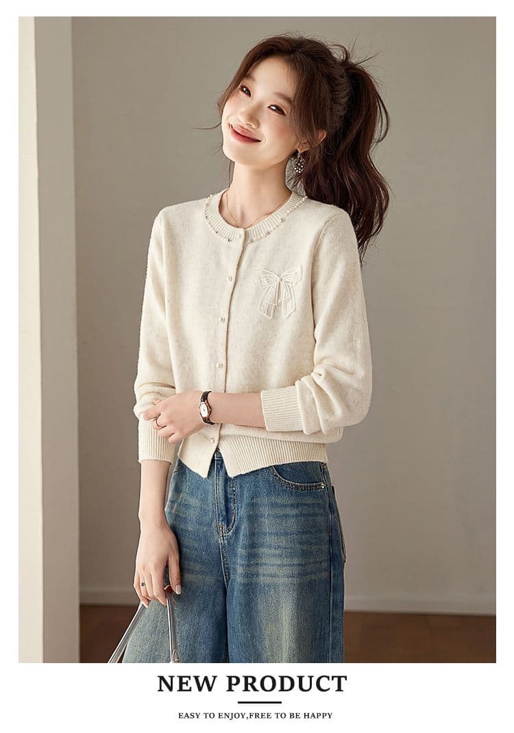 연령 감소 나비 매듭 니트 오픈 가디건 여성 봄 가을 패션 새로운 작은 샤넬 스타일 라운드 넥 긴팔 루즈핏 스웨터 코트 상세 이미지 19
