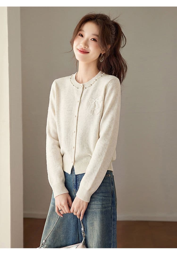 연령 감소 나비 매듭 니트 오픈 가디건 여성 봄 가을 패션 새로운 작은 샤넬 스타일 라운드 넥 긴팔 루즈핏 스웨터 코트 상세 이미지 20