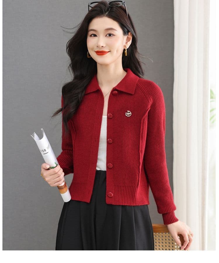 봄 가을 폴로 칼라 니트 오픈 가디건 여성 재킷 쇼트 스타일 새로운 공제 외부 가져 가라. 카디건 패션 품격 연령 감소 맨위 여성 상세 이미지 29