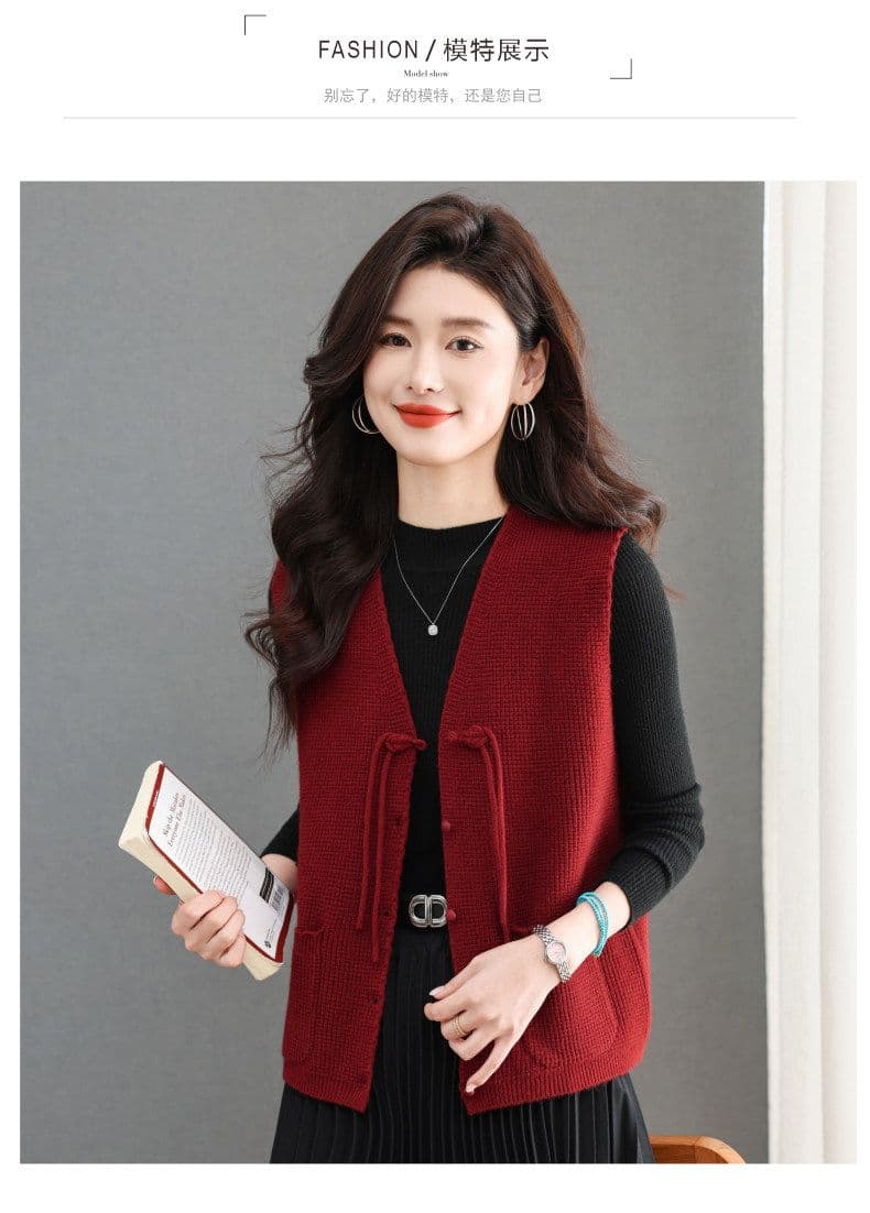 봄 가을 새로운 중년 엄마 패션 니트 조끼 어깨 맨위 새로운 중식 국풍 빨간색 베스트 조끼 여성 상세 이미지 8