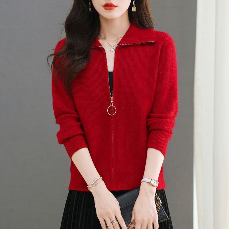 봄과 가을 지퍼 새로운 스웨터 코트 루즈핏 쇼트 스타일 폴로 칼라 두꺼운 니트 오픈 가디건 패션 연령 감소 맨위 여성 이미지 6
