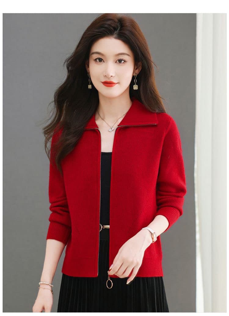 봄과 가을 지퍼 새로운 스웨터 코트 루즈핏 쇼트 스타일 폴로 칼라 두꺼운 니트 오픈 가디건 패션 연령 감소 맨위 여성 상세 이미지 14