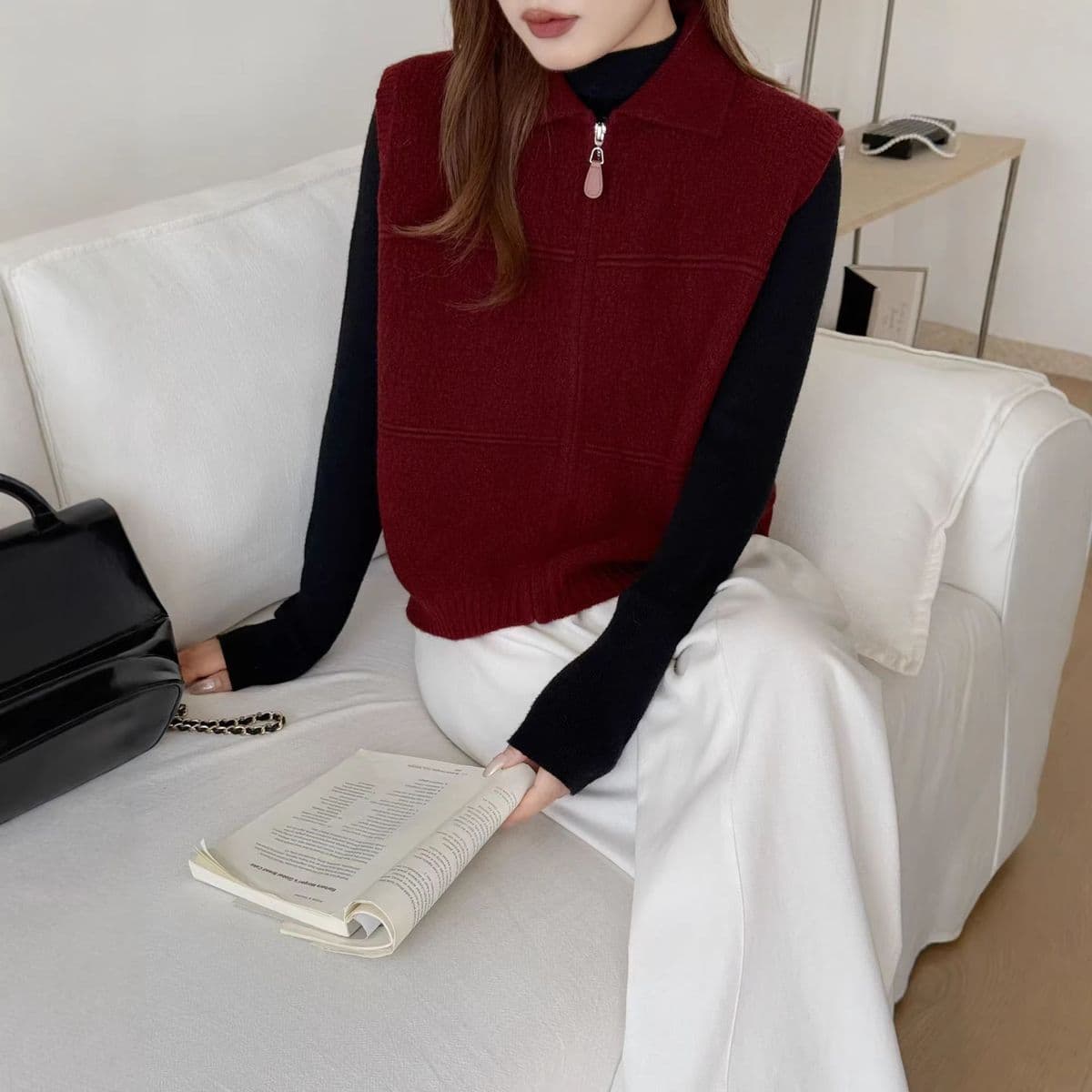 캐주얼 섹션 단색 폴로 칼라 지퍼 한국 스타일 미니멀리즘 민소매 스웨터 새로운 루즈핏 슬림해 보이는 다용도 니트 조끼 여자 상세 이미지 13