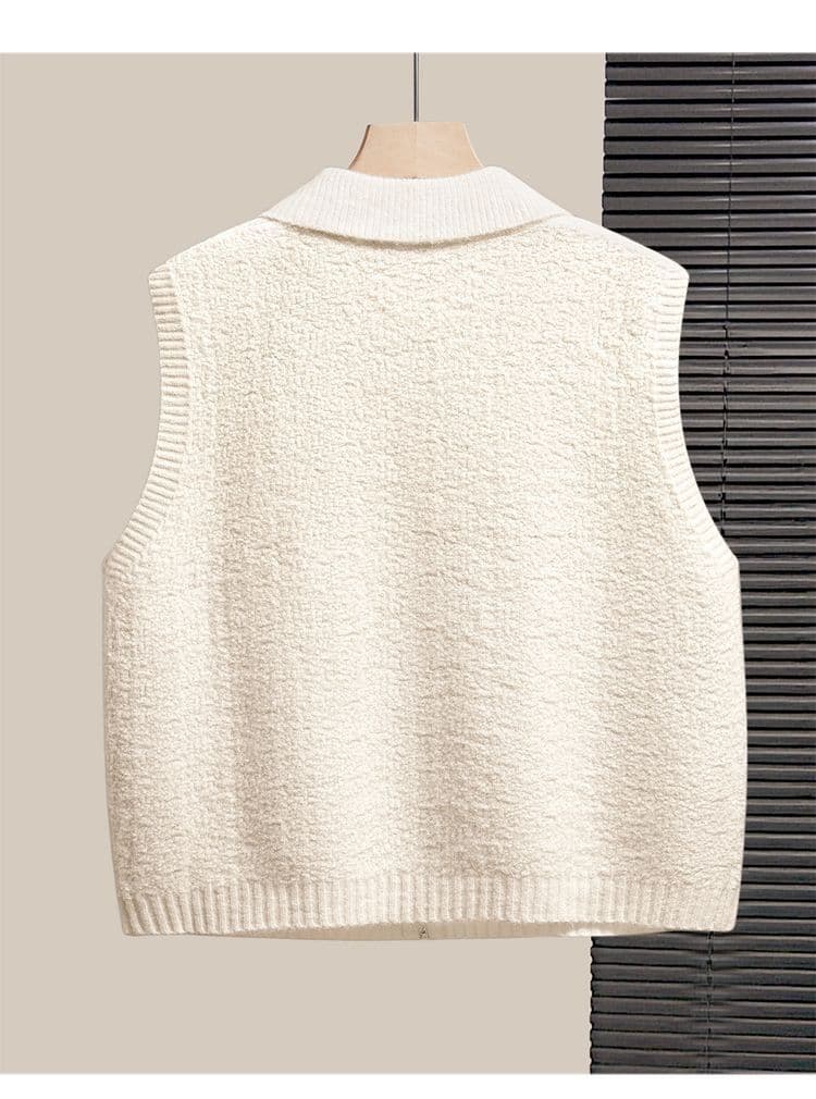 캐주얼 섹션 단색 폴로 칼라 지퍼 한국 스타일 미니멀리즘 민소매 스웨터 새로운 루즈핏 슬림해 보이는 다용도 니트 조끼 여자 상세 이미지 23