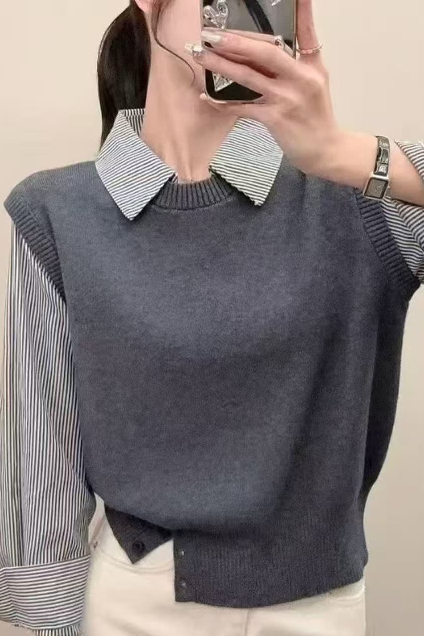 페이크 레이어드 스트라이프 셔츠 패치워크 니트 맨위 여성 봄 가을 빅 사이즈 캐주얼 다용도 고급 센스 스택 착용 맨위 트렌디 이미지 7