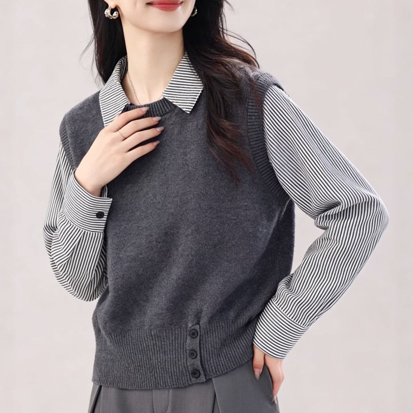 페이크 레이어드 스트라이프 패치워크 긴팔 스웨터 여자 새로운 패션 품격 다용도 두꺼운 니트 스웨터 연령 감소 맨위 여성 상세 이미지 3