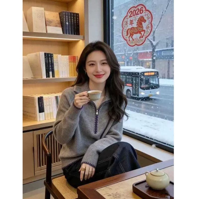 한 부서 하프 지퍼 긴팔 두꺼운 니트 스웨터 스웨터 봄 가을 새로운 루즈핏 연령 감소 슬림해 보이는 다용도 폴로 칼라 맨위 이미지 5
