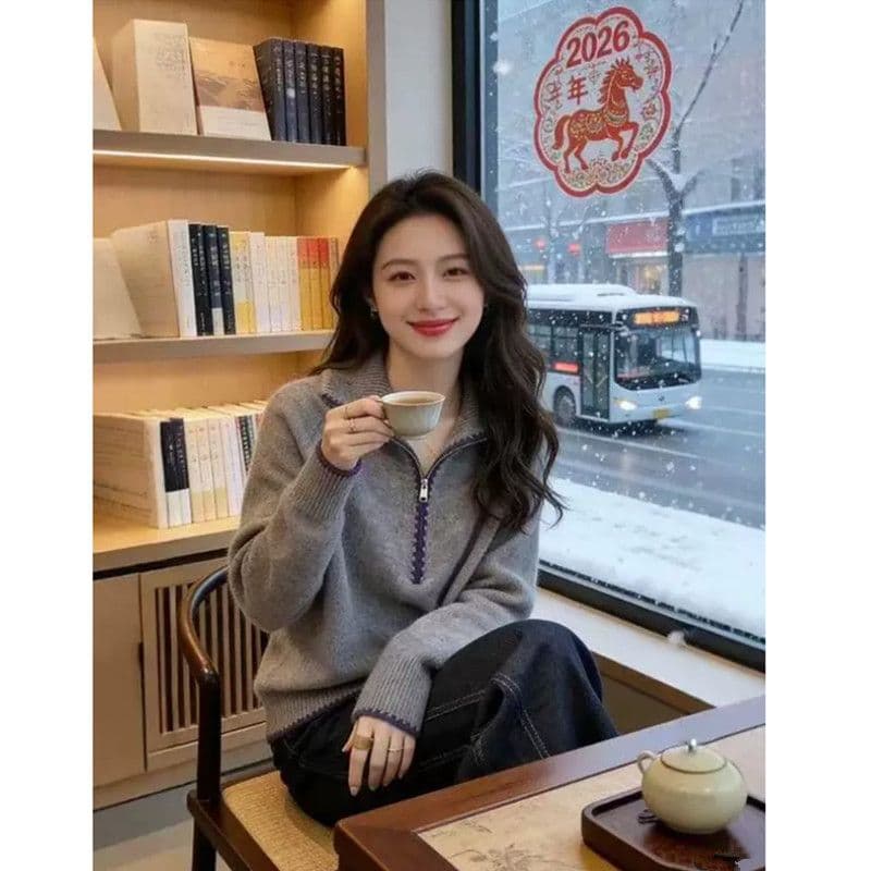 한 부서 하프 지퍼 긴팔 두꺼운 니트 스웨터 스웨터 봄 가을 새로운 루즈핏 연령 감소 슬림해 보이는 다용도 폴로 칼라 맨위 상세 이미지 8