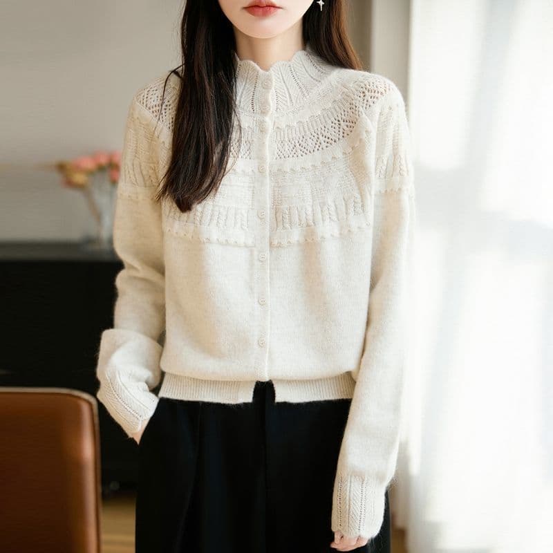 봄 가을 스웨터 여자 빅 사이즈 패션 반하이넥 니트 스웨터 맨위 부드러운 찹쌀 자수 카디건 코트 싱글 줄 버튼 홀로우 아웃 이미지 3