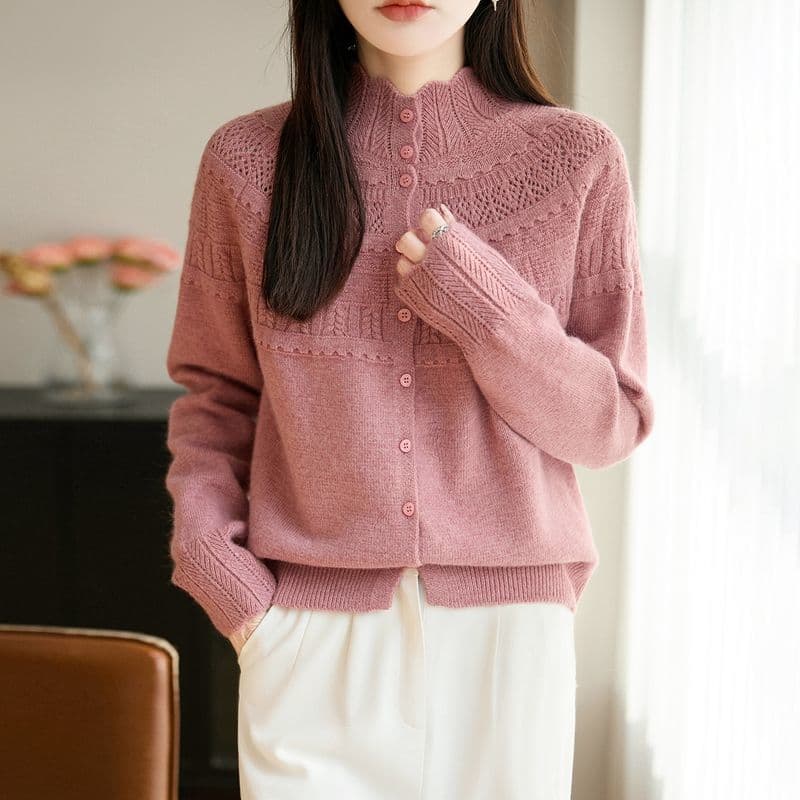 봄 가을 스웨터 여자 빅 사이즈 패션 반하이넥 니트 스웨터 맨위 부드러운 찹쌀 자수 카디건 코트 싱글 줄 버튼 홀로우 아웃