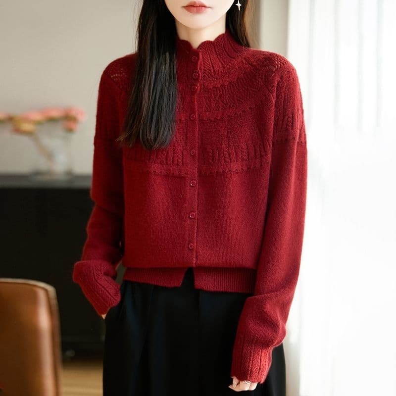 봄 가을 스웨터 여자 빅 사이즈 패션 반하이넥 니트 스웨터 맨위 부드러운 찹쌀 자수 카디건 코트 싱글 줄 버튼 홀로우 아웃 이미지 4