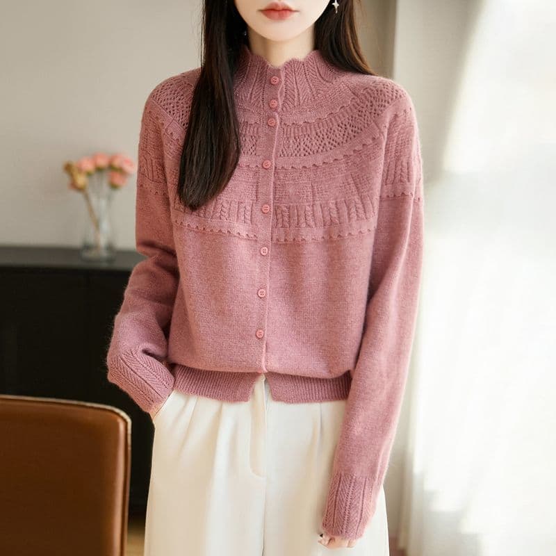 봄 가을 스웨터 여자 빅 사이즈 패션 반하이넥 니트 스웨터 맨위 부드러운 찹쌀 자수 카디건 코트 싱글 줄 버튼 홀로우 아웃 이미지 5