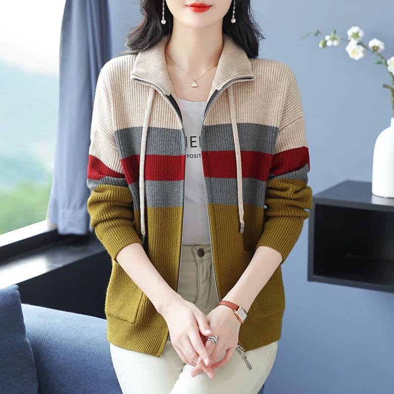 가을 겨울 새로운 두꺼운 후드 스웨터 오픈 가디건 패치워크 색상 루즈핏 슬림해 보이는 캐주얼 패션 니트 스웨터 맨위 여성 코트 이미지 2