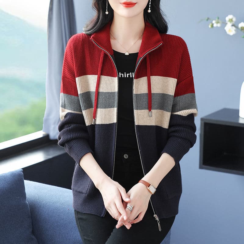 가을 겨울 새로운 두꺼운 후드 스웨터 오픈 가디건 패치워크 색상 루즈핏 슬림해 보이는 캐주얼 패션 니트 스웨터 맨위 여성 코트 이미지 4