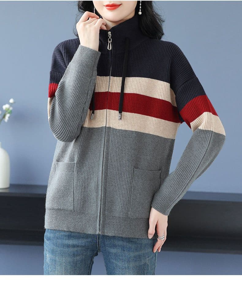 가을 겨울 새로운 두꺼운 후드 스웨터 오픈 가디건 패치워크 색상 루즈핏 슬림해 보이는 캐주얼 패션 니트 스웨터 맨위 여성 코트 상세 이미지 23