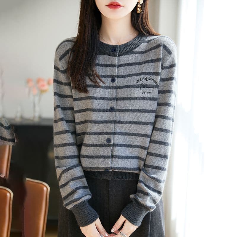 가을 겨울 새로운 두꺼운 양모 니트 오픈 가디건 맨위 여성 레저 품격 라운드 넥 스트라이프 긴팔 스웨터 외국 가스 여성