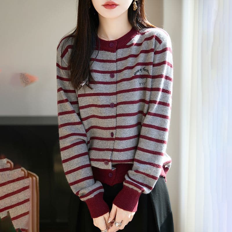 가을 겨울 새로운 두꺼운 양모 니트 오픈 가디건 맨위 여성 레저 품격 라운드 넥 스트라이프 긴팔 스웨터 외국 가스 여성 이미지 3