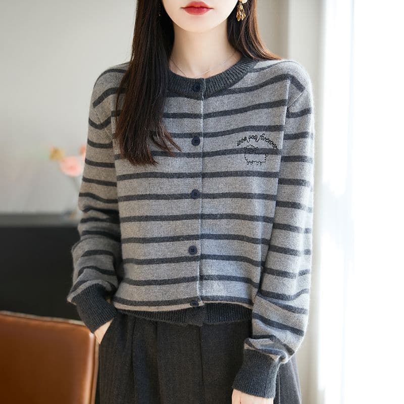 가을 겨울 새로운 두꺼운 양모 니트 오픈 가디건 맨위 여성 레저 품격 라운드 넥 스트라이프 긴팔 스웨터 외국 가스 여성 이미지 4
