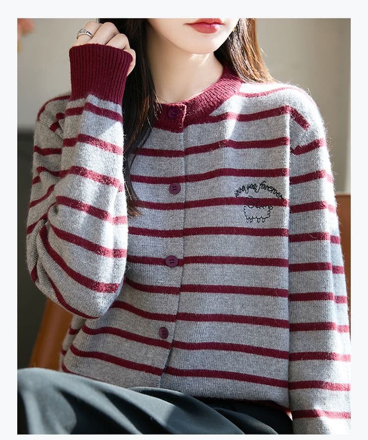 가을 겨울 새로운 두꺼운 양모 니트 오픈 가디건 맨위 여성 레저 품격 라운드 넥 스트라이프 긴팔 스웨터 외국 가스 여성 상세 이미지 12