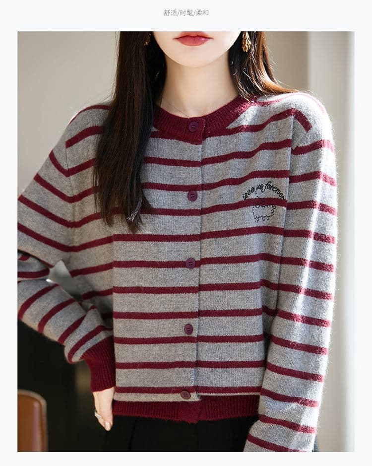 가을 겨울 새로운 두꺼운 양모 니트 오픈 가디건 맨위 여성 레저 품격 라운드 넥 스트라이프 긴팔 스웨터 외국 가스 여성 상세 이미지 14