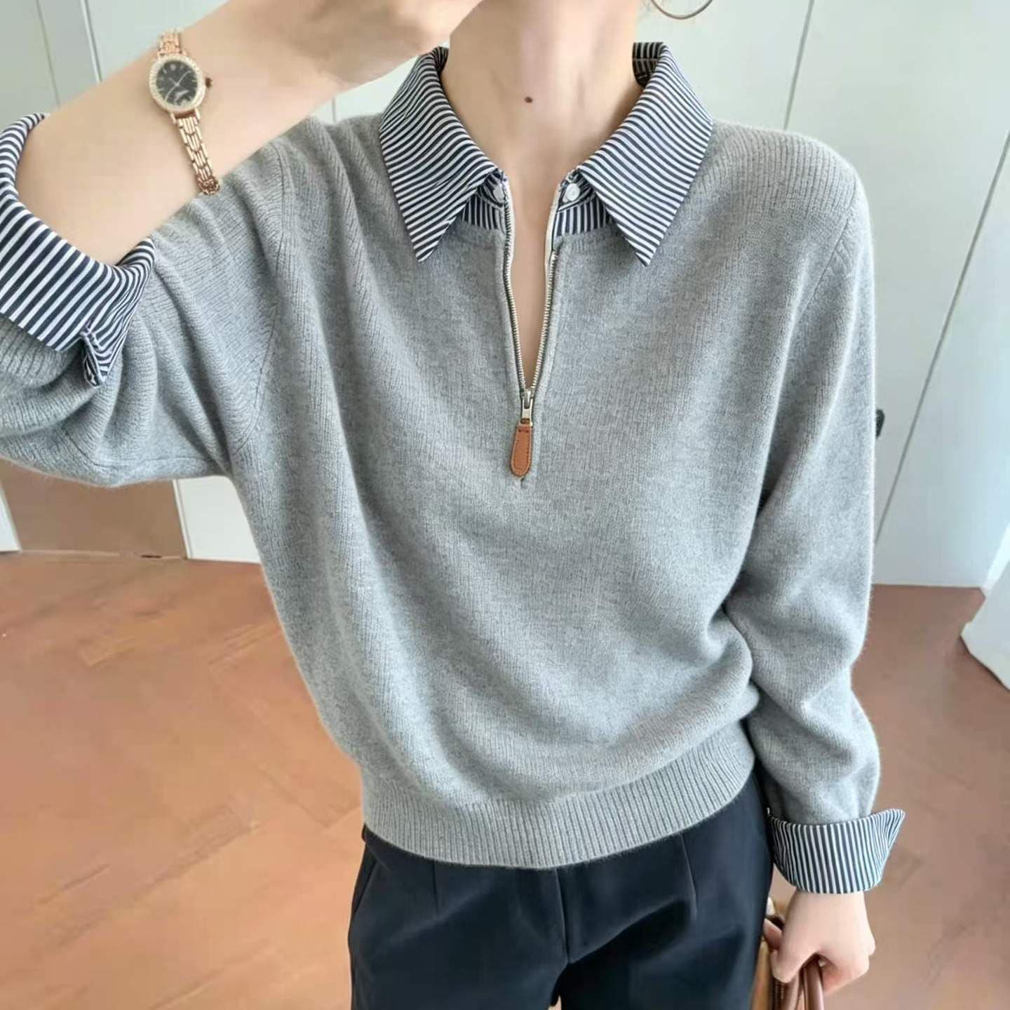 페이크 레이어드 POLO 칼라 니트 스웨터 여성 봄 가을 새로운 패션 셔츠 칼라 패치워크 하프 지퍼 캐주얼 풀오버 맨위 이미지 4
