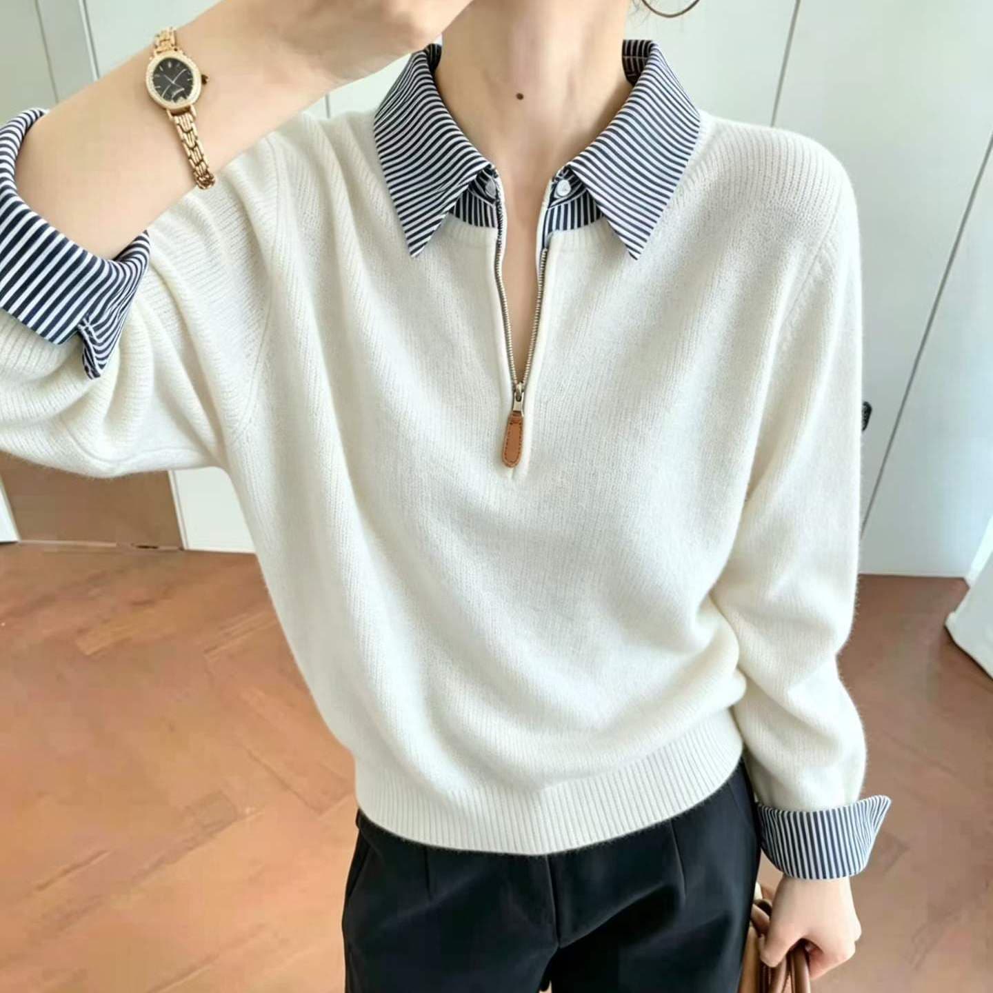 페이크 레이어드 POLO 칼라 니트 스웨터 여성 봄 가을 새로운 패션 셔츠 칼라 패치워크 하프 지퍼 캐주얼 풀오버 맨위 이미지 5
