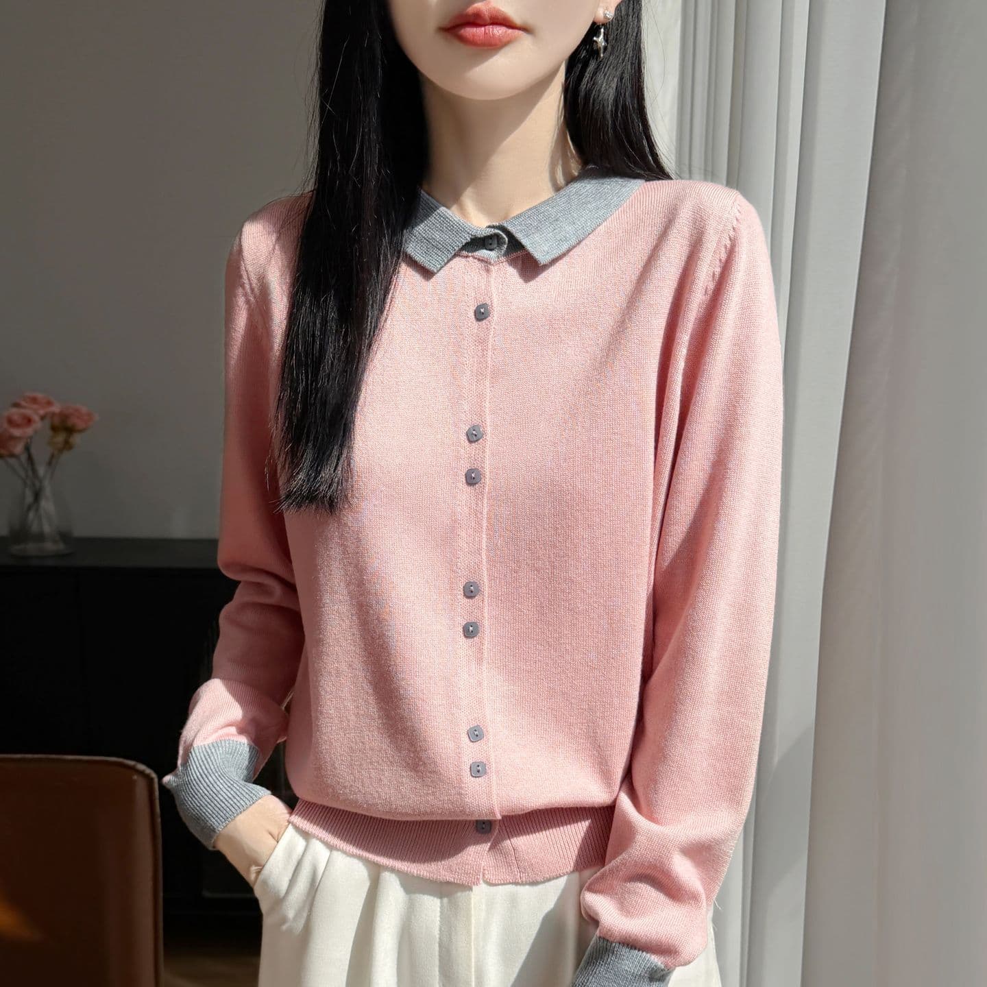 프랑스식 배색 POLO 칼라 양모 니트 오픈 가디건 여성 새로운 패션 외국 가스 스웨터 두꺼운 캐주얼 기본 셔츠 이미지 4