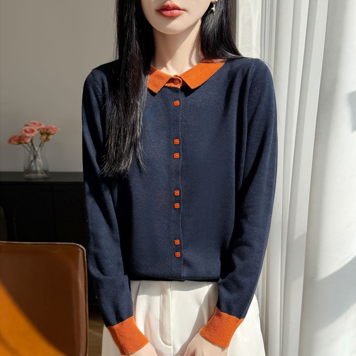 프랑스식 배색 POLO 칼라 양모 니트 오픈 가디건 여성 새로운 패션 외국 가스 스웨터 두꺼운 캐주얼 기본 셔츠 이미지 5