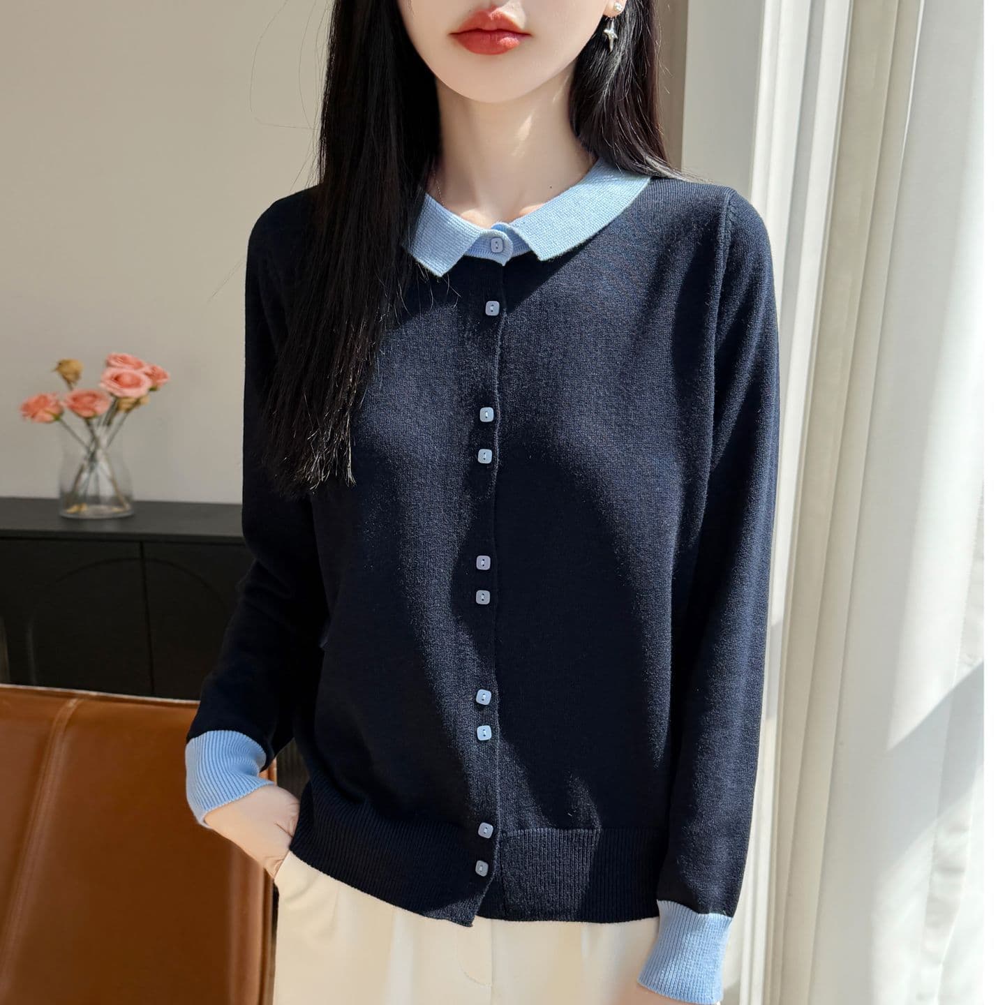 프랑스식 배색 POLO 칼라 양모 니트 오픈 가디건 여성 새로운 패션 외국 가스 스웨터 두꺼운 캐주얼 기본 셔츠 이미지 3